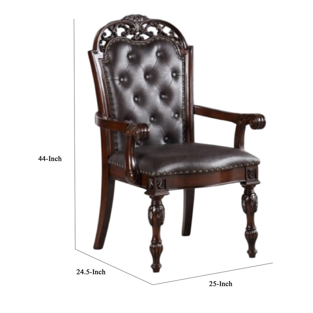 Eva Carved Dining Armchair Set of 2, Brown Tufted Faux Leather, Cherry - BM340929
