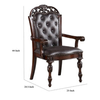 Eva Carved Dining Armchair Set of 2, Brown Tufted Faux Leather, Cherry - BM340929