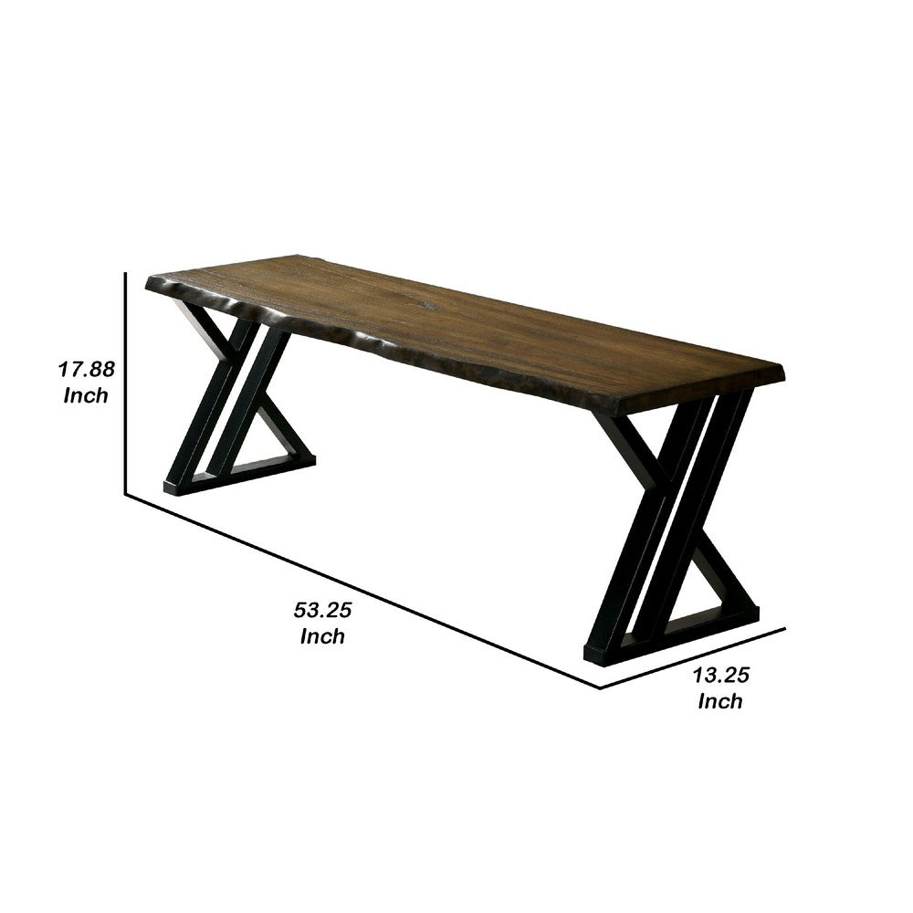 Reby Bench, 53 Inch, Black Metal, Farmhouse Dark Oak Brown Wood Seat - BM340930