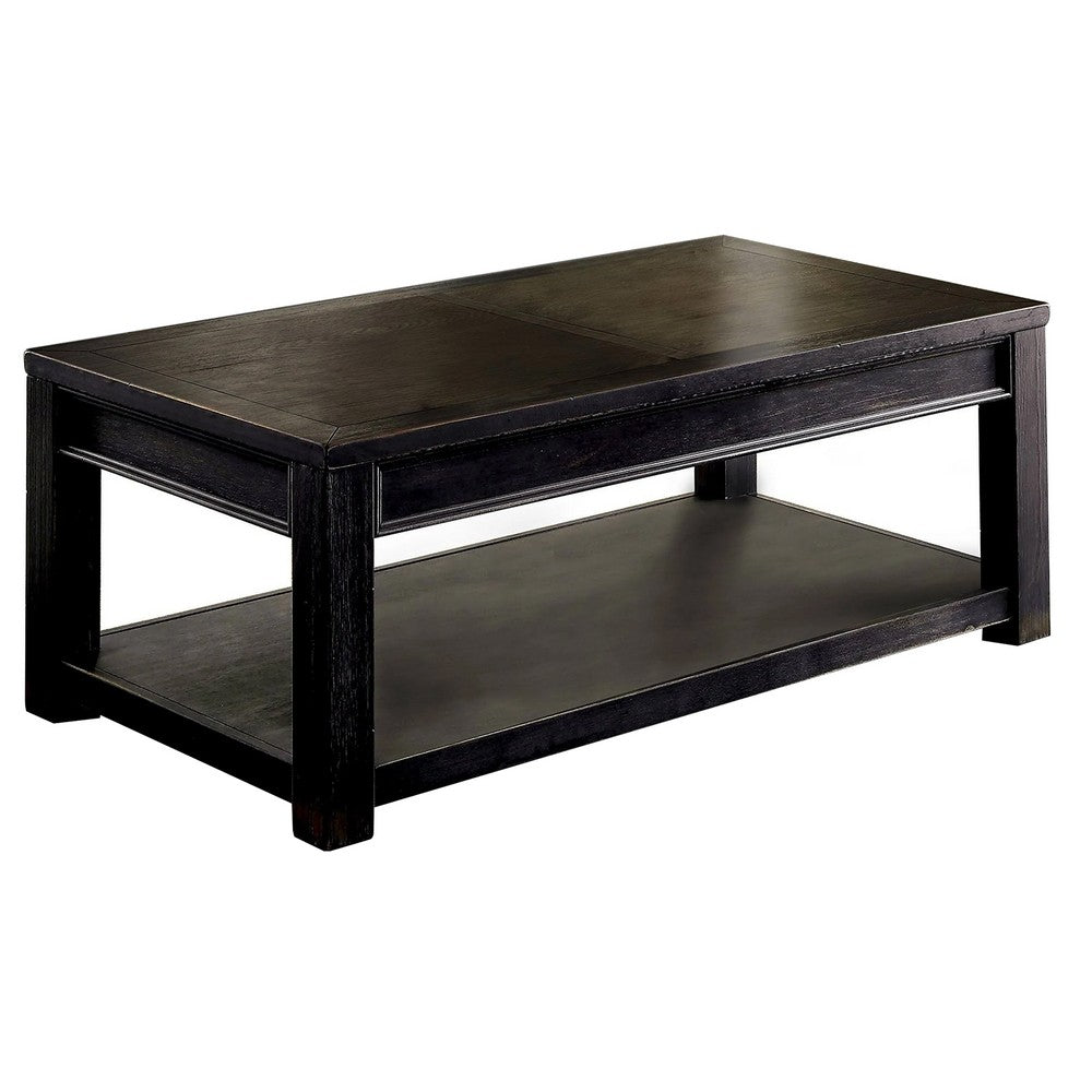 Medy Coffee Table with Lower Shelf, 48 Inch, Antique Black Wood Veneer - BM340933