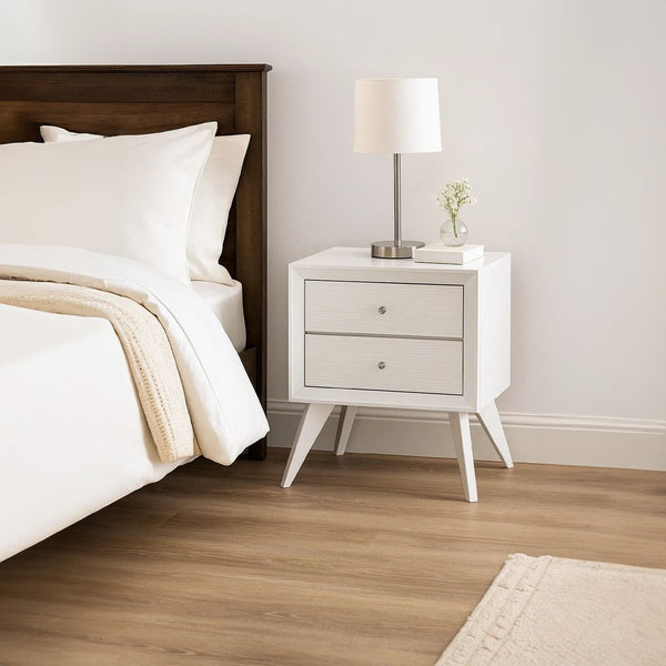 Tory Nightstand, 2 Drawers, White Solid Wood, Bronze Round Knobs - BM340934