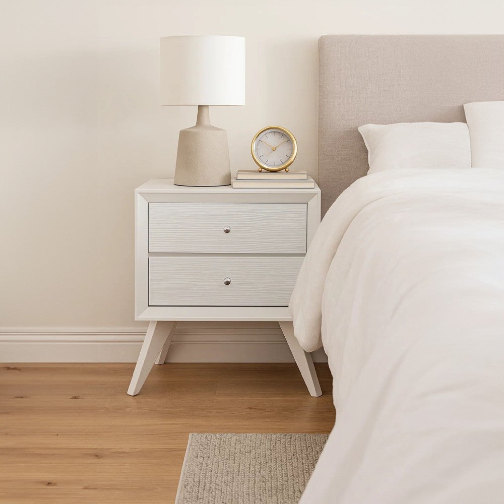 Tory Nightstand, 2 Drawers, White Solid Wood, Bronze Round Knobs - BM340934