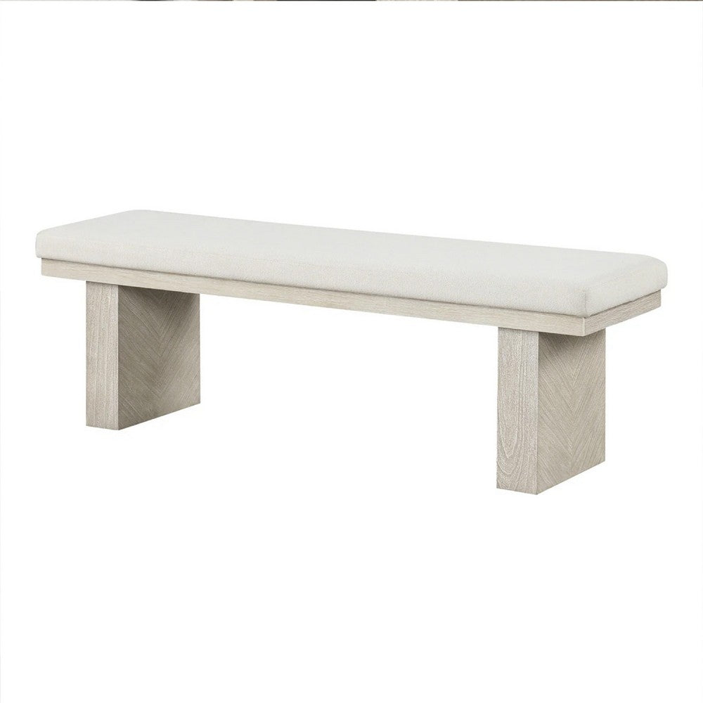 Hagy Dining Bench, 59 Inch, Panel Rubberwood Base, White Fabric Padded Seat - BM340954