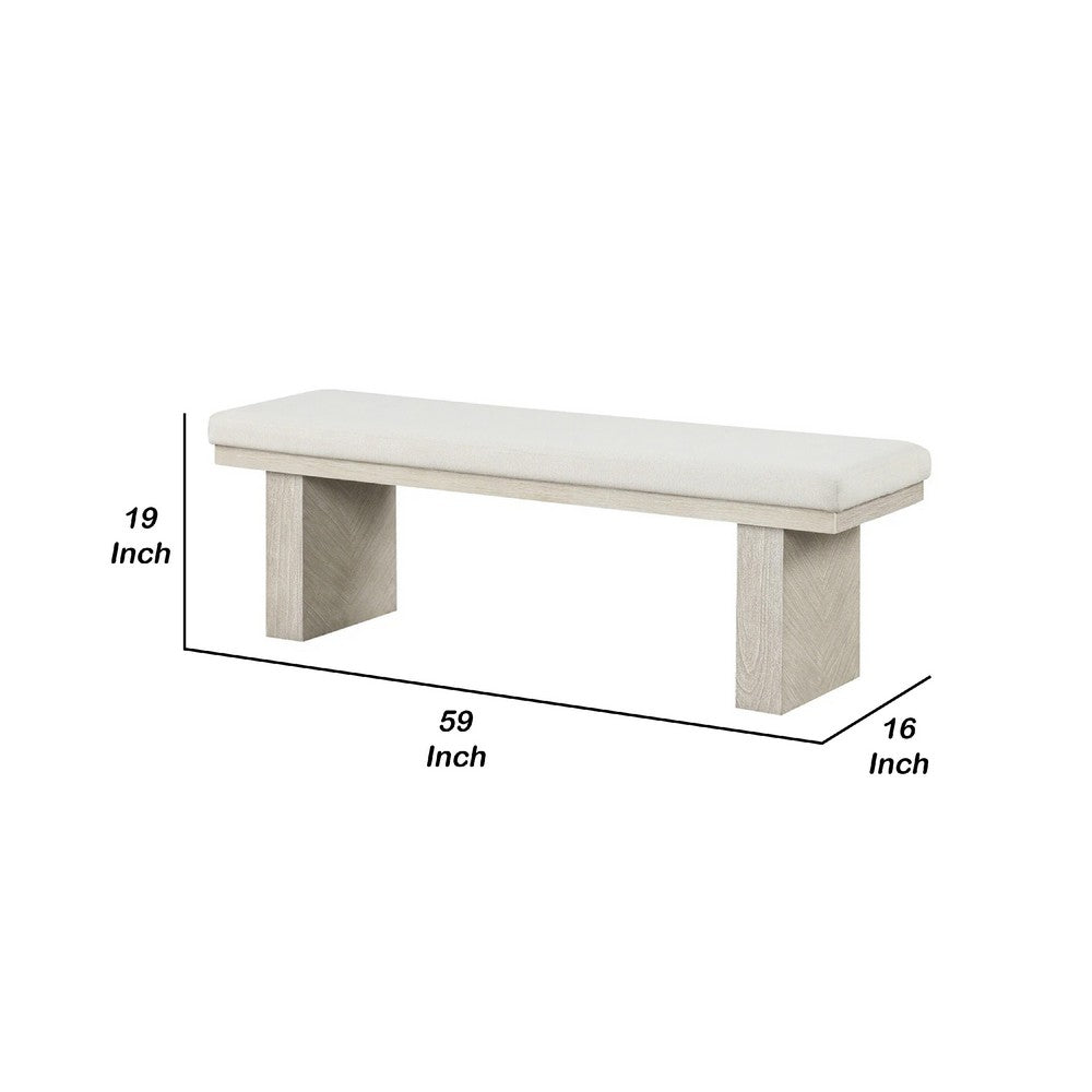 Hagy Dining Bench, 59 Inch, Panel Rubberwood Base, White Fabric Padded Seat - BM340954