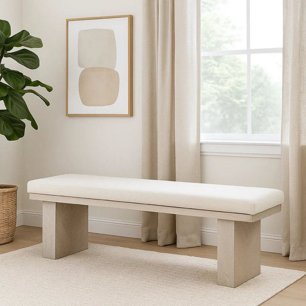 Hagy Dining Bench, 59 Inch, Panel Rubberwood Base, White Fabric Padded Seat - BM340954