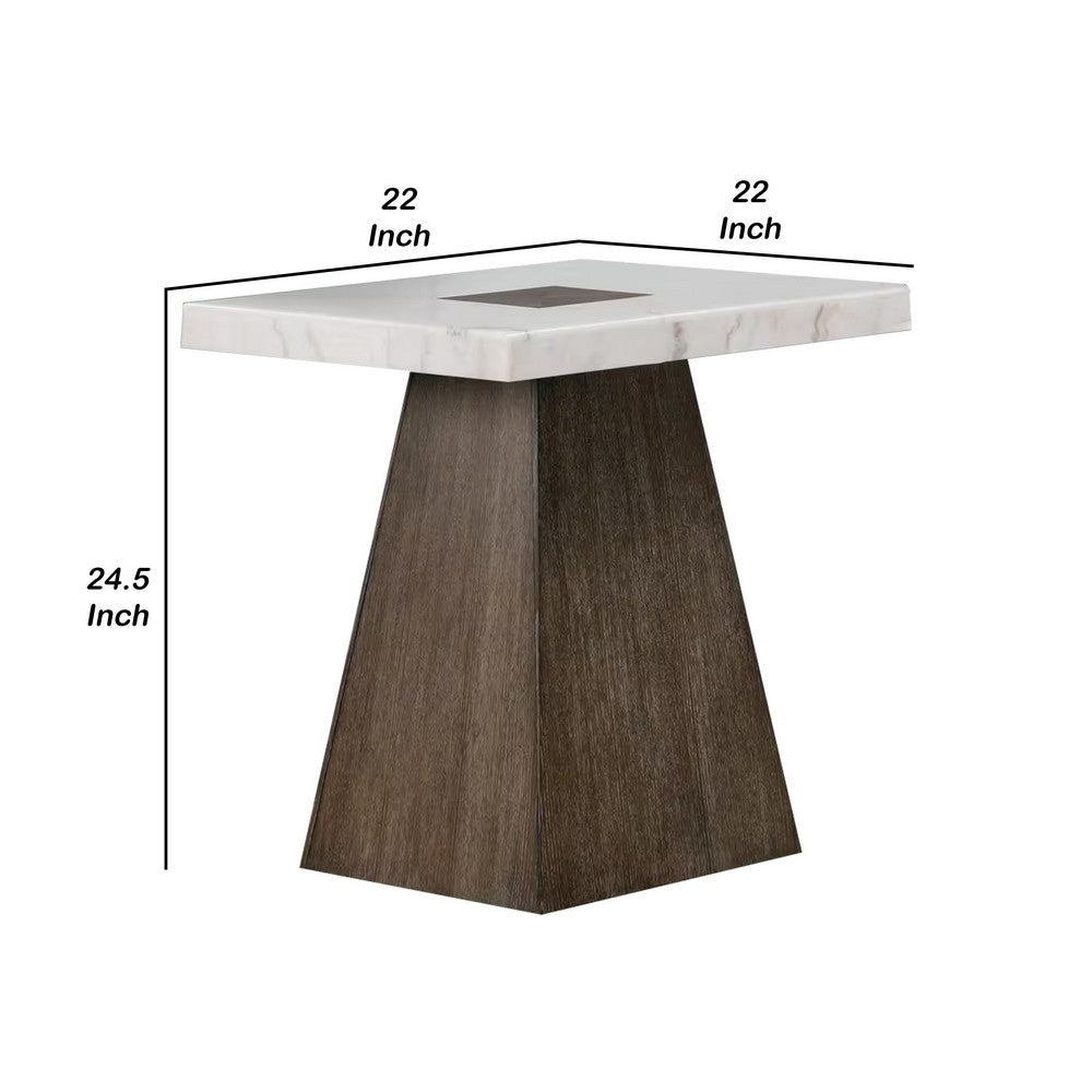 Asten Side End Table, 22 Inch, Square White Marble Top, Walnut Brown - BM340956