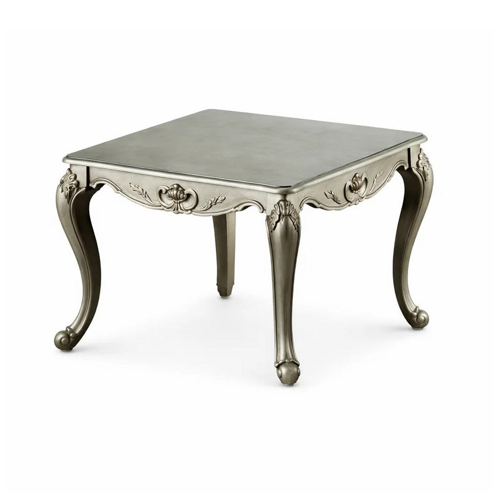 Miz Side End Table, 28 Inch, Carved Cabriole Legs, Champagne Silver - BM340957