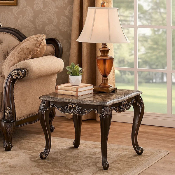 Miz Side End Table, 28 Inch, Carved Cabriole Legs, Champagne Silver - BM340957