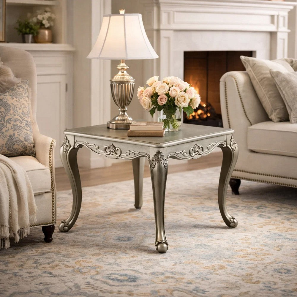 Miz Side End Table, 28 Inch, Carved Cabriole Legs, Champagne Silver - BM340957