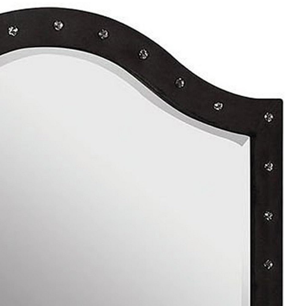 Rea Dresser Vanity Mirror, Crystal Tufted Black Velvet Upholstered Arched Frame - BM340973