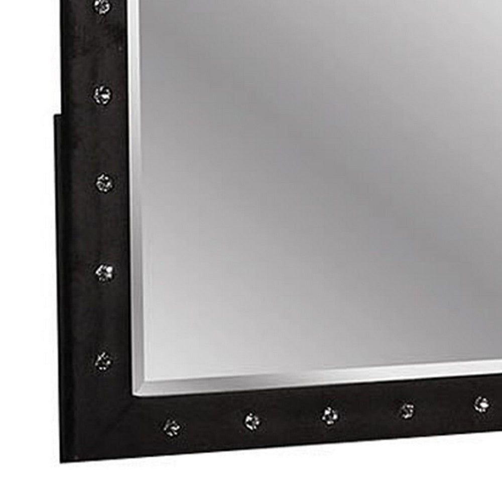Rea Dresser Vanity Mirror, Crystal Tufted Black Velvet Upholstered Arched Frame - BM340973
