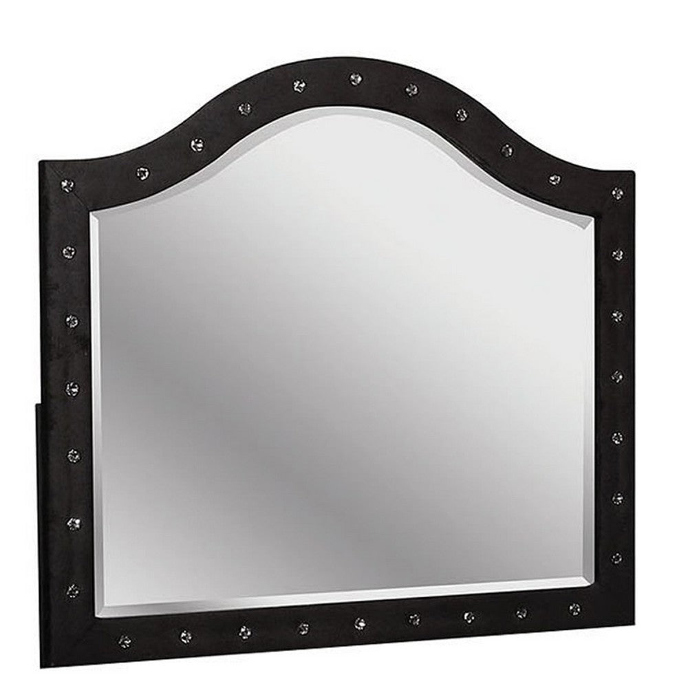 Rea Dresser Vanity Mirror, Crystal Tufted Black Velvet Upholstered Arched Frame - BM340973