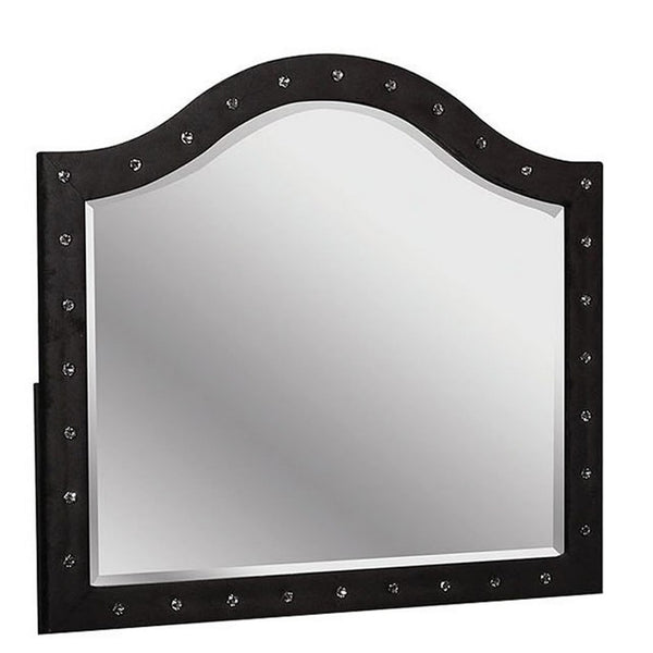 Rea Dresser Vanity Mirror, Crystal Tufted Black Velvet Upholstered Arched Frame - BM340973