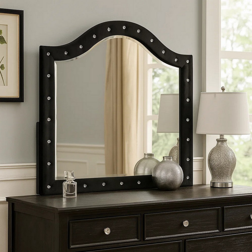 Rea Dresser Vanity Mirror, Crystal Tufted Black Velvet Upholstered Arched Frame - BM340973