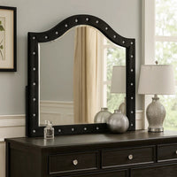 Rea Dresser Vanity Mirror, Crystal Tufted Black Velvet Upholstered Arched Frame - BM340973