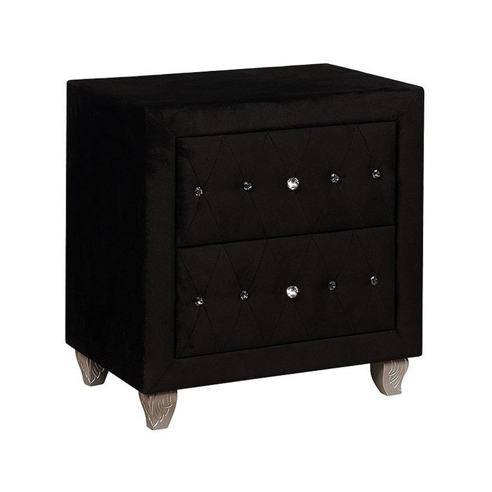 Rea Nightstand, 2 Drawers with Crystal Knobs, Black Velvet Upholstery - BM340974