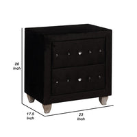 Rea Nightstand, 2 Drawers with Crystal Knobs, Black Velvet Upholstery - BM340974