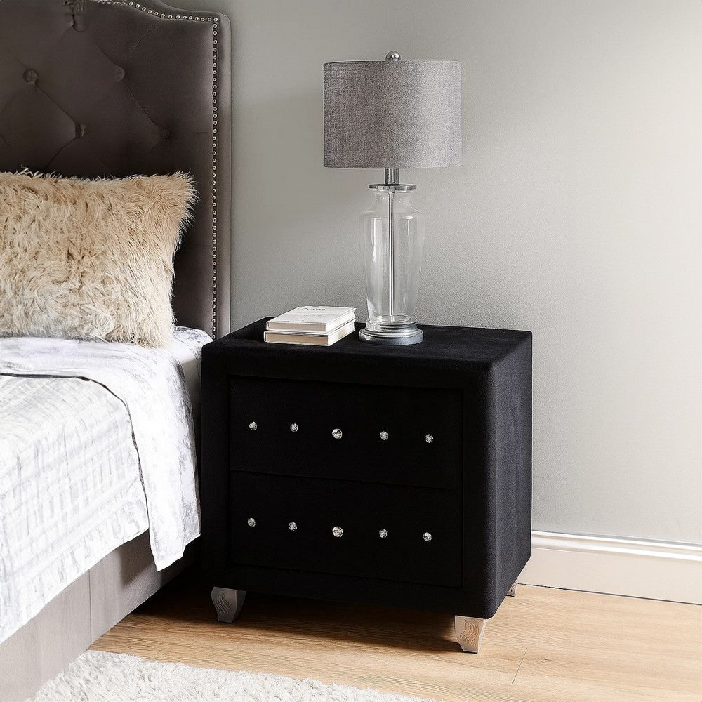 Rea Nightstand, 2 Drawers with Crystal Knobs, Black Velvet Upholstery - BM340974