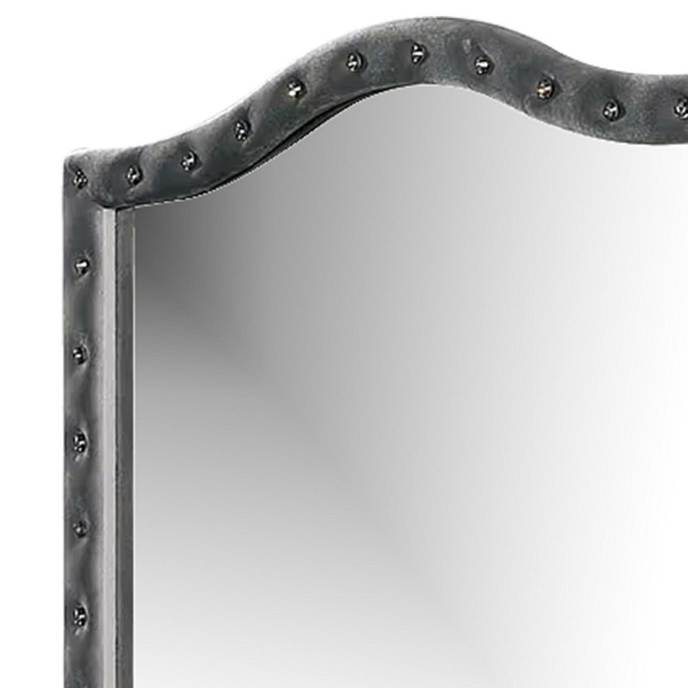 Rea Dresser Vanity Mirror, Crystal Tufted Gray Velvet Upholstery Arched Frame - BM340977