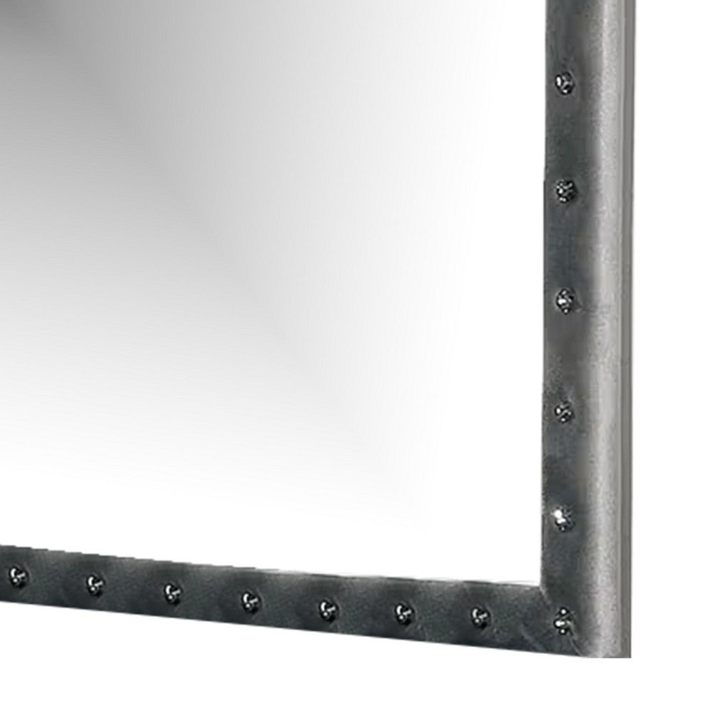 Rea Dresser Vanity Mirror, Crystal Tufted Gray Velvet Upholstery Arched Frame - BM340977