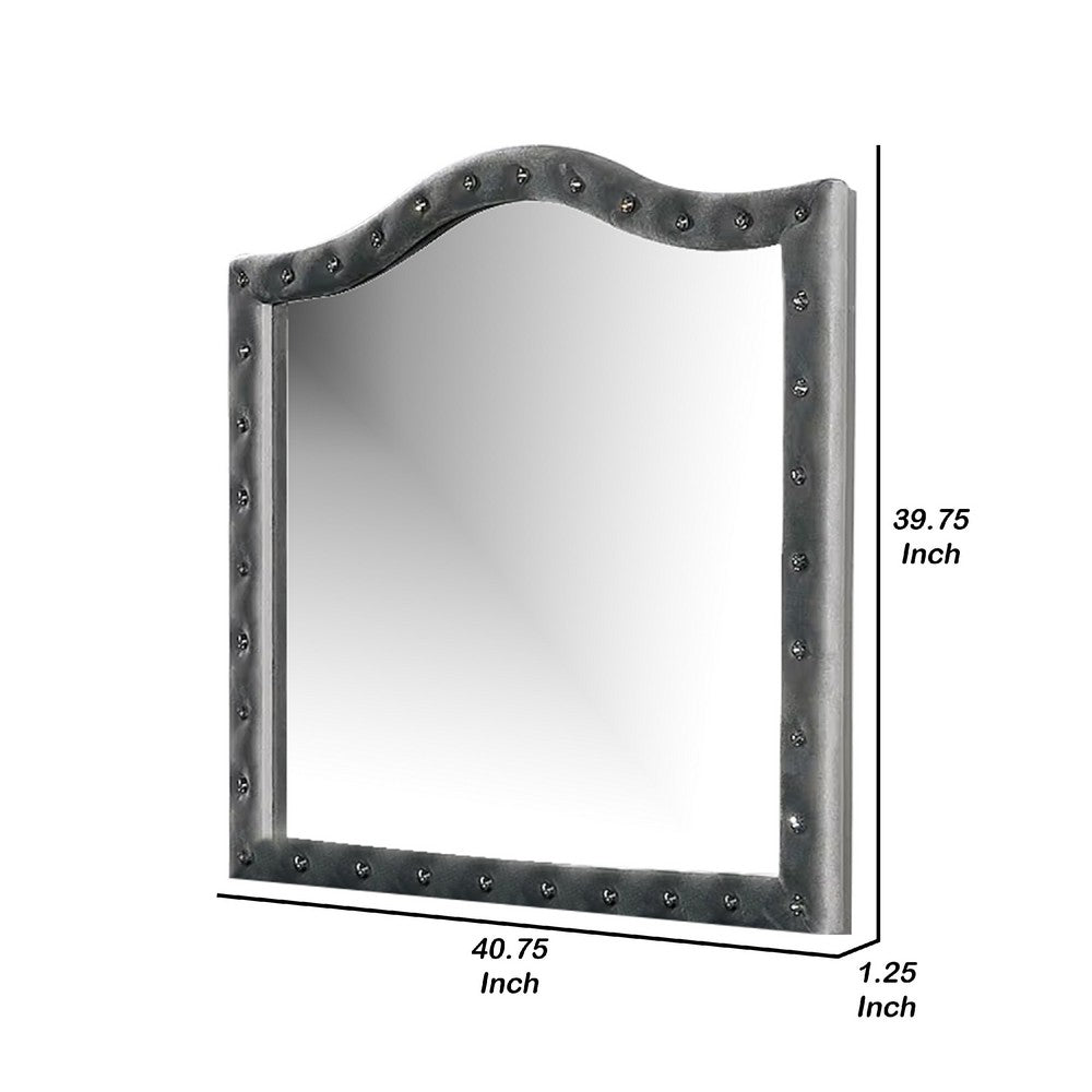 Rea Dresser Vanity Mirror, Crystal Tufted Gray Velvet Upholstery Arched Frame - BM340977