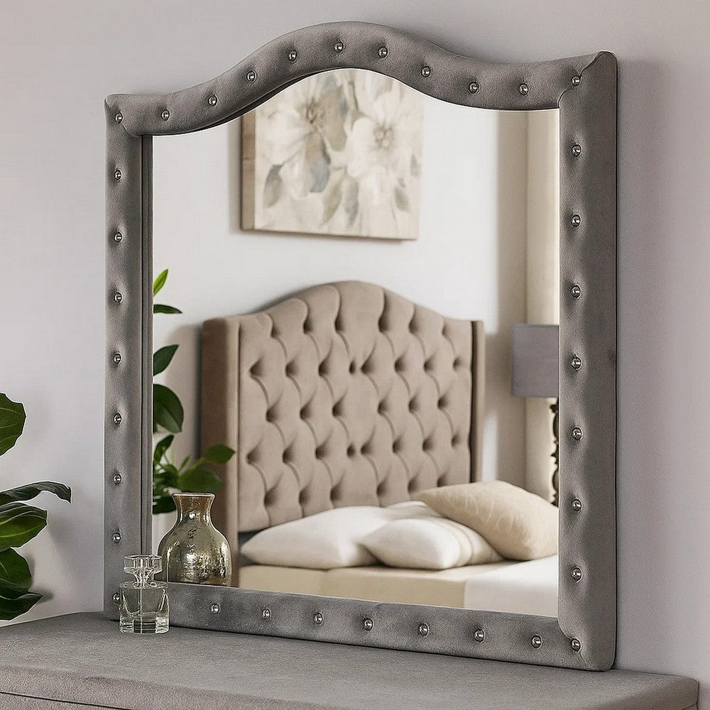 Rea Dresser Vanity Mirror, Crystal Tufted Gray Velvet Upholstery Arched Frame - BM340977
