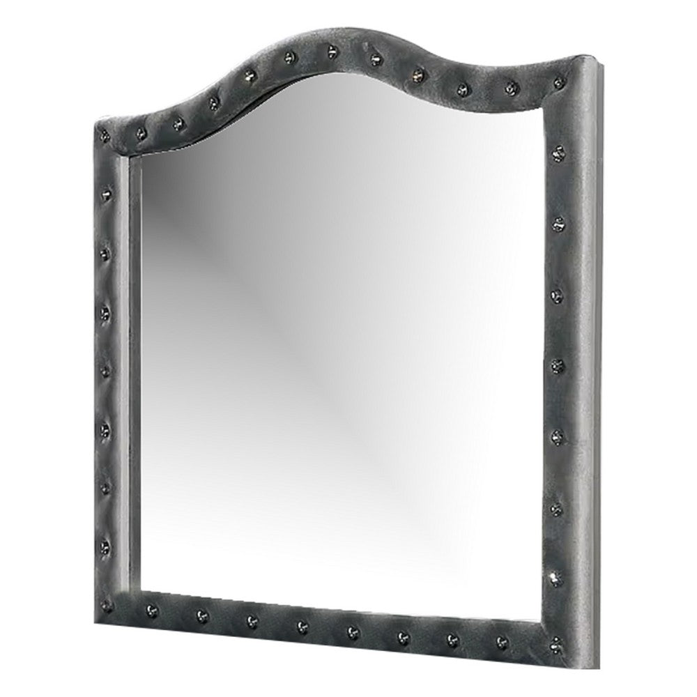 Rea Dresser Vanity Mirror, Crystal Tufted Gray Velvet Upholstery Arched Frame - BM340977