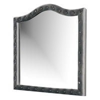 Rea Dresser Vanity Mirror, Crystal Tufted Gray Velvet Upholstery Arched Frame - BM340977