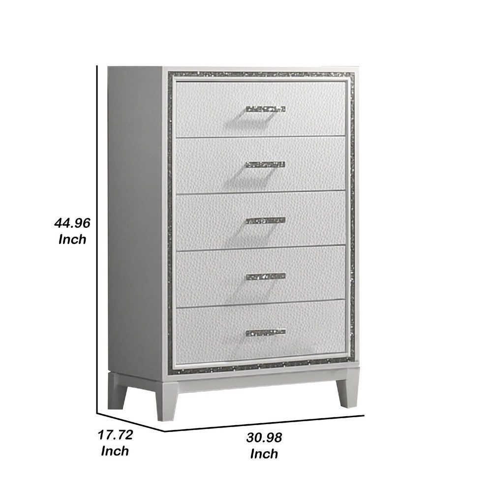 Lema Tall Dresser Chest, 5 Drawers with Acrylic Crystal Trim, White - BM340979