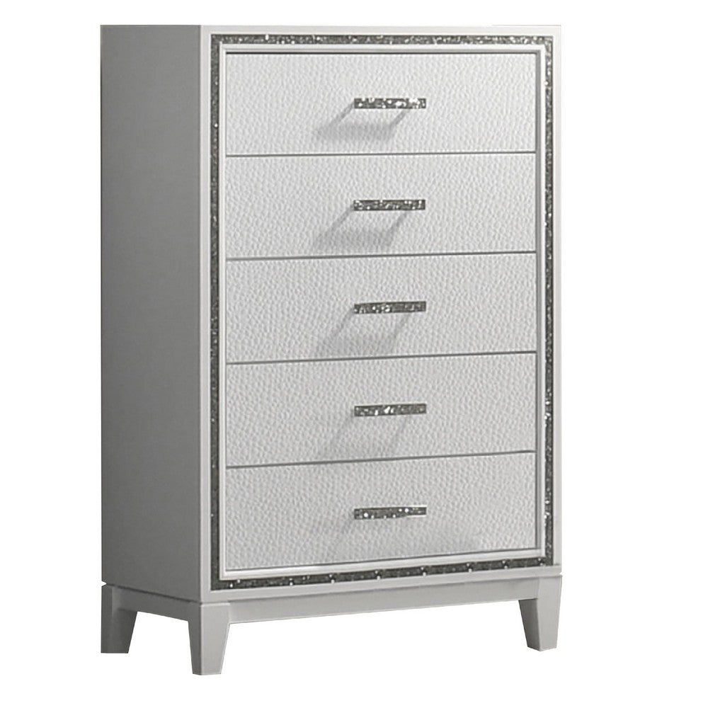 Lema Tall Dresser Chest, 5 Drawers with Acrylic Crystal Trim, White - BM340979