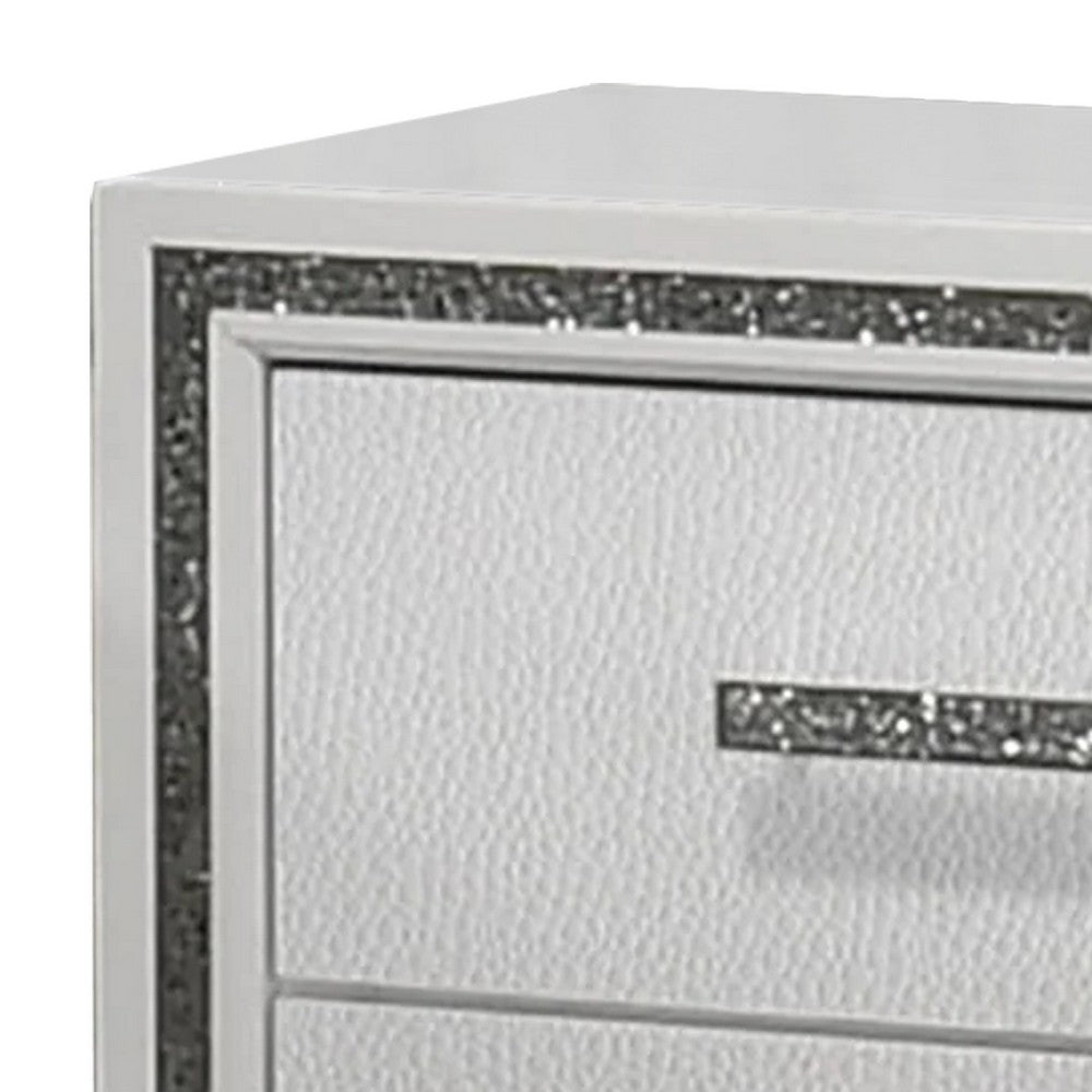 Lema Nightstand, 2 Drawers with Silver Acrylic Crystal Trim, White - BM340982