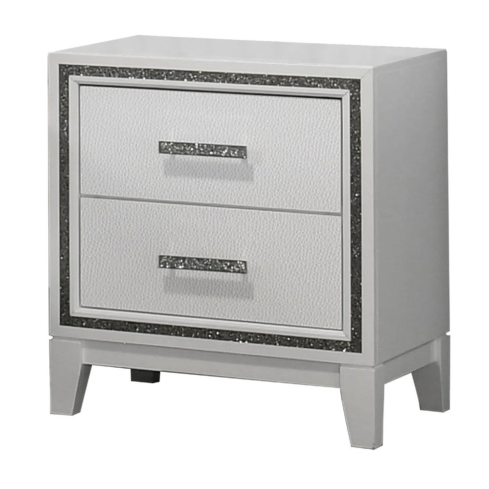 Lema Nightstand, 2 Drawers with Silver Acrylic Crystal Trim, White - BM340982