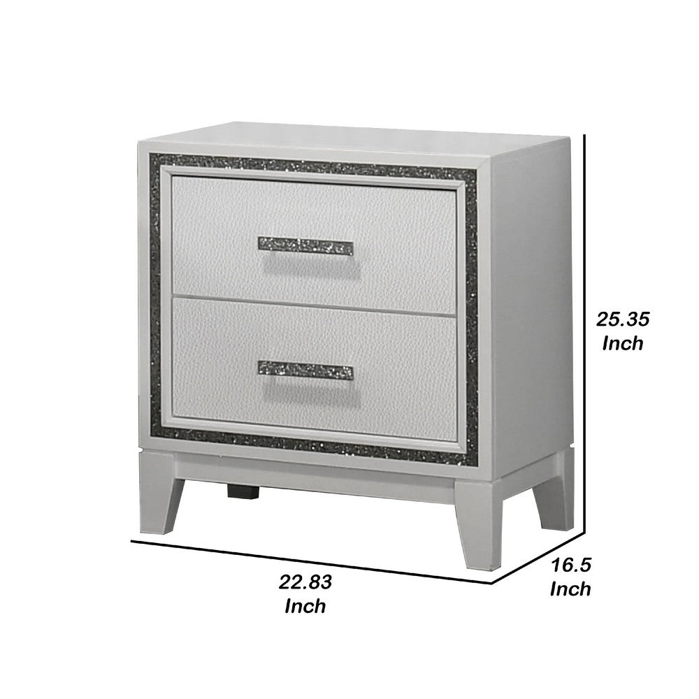 Lema Nightstand, 2 Drawers with Silver Acrylic Crystal Trim, White - BM340982