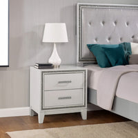 Lema Nightstand, 2 Drawers with Silver Acrylic Crystal Trim, White - BM340982