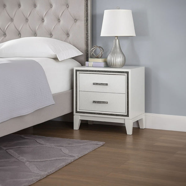 Lema Nightstand, 2 Drawers with Silver Acrylic Crystal Trim, White - BM340982