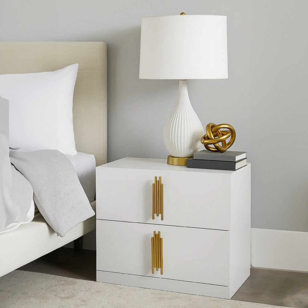 Dyl Nightstand, 2 Drawers with Gold Post Handles, White Melamine  - BM340992