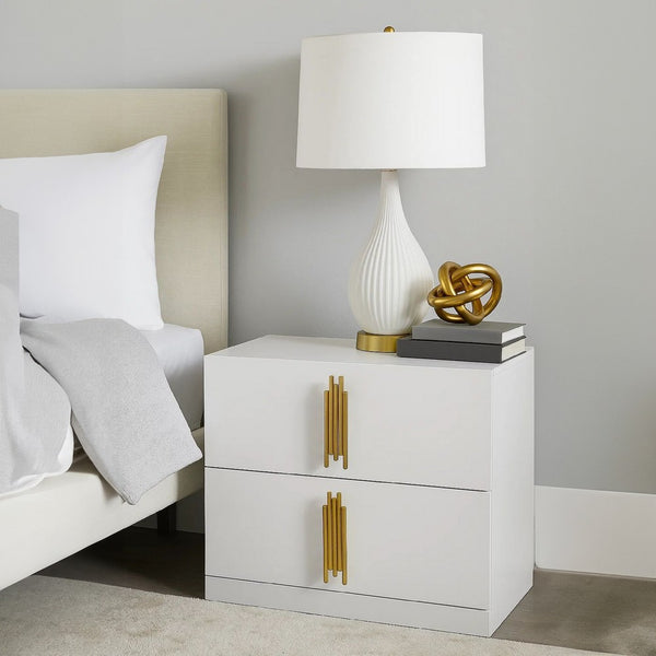 Dyl Nightstand, 2 Drawers with Gold Post Handles, White Melamine  - BM340992