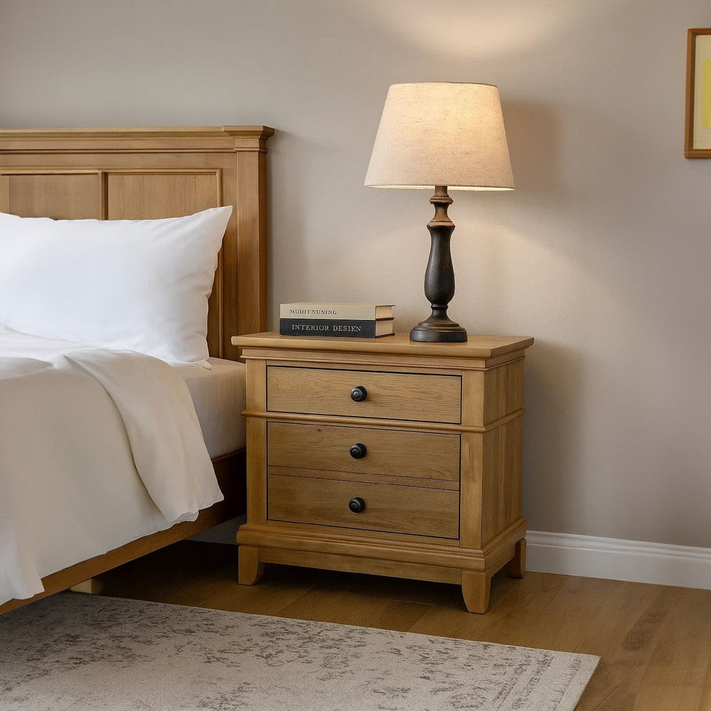 Lexa Nightstand with 3 Drawers, Farmhouse Natural Oak Brown - BM341004
