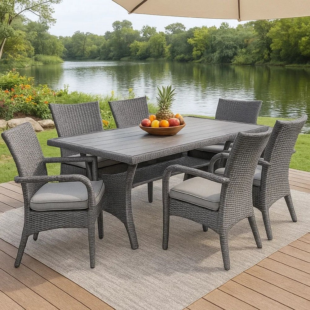 Maria Outdoor Dining Table, 57 Inch Top w/ Shelf, Gray Rattan Woven - BM341006