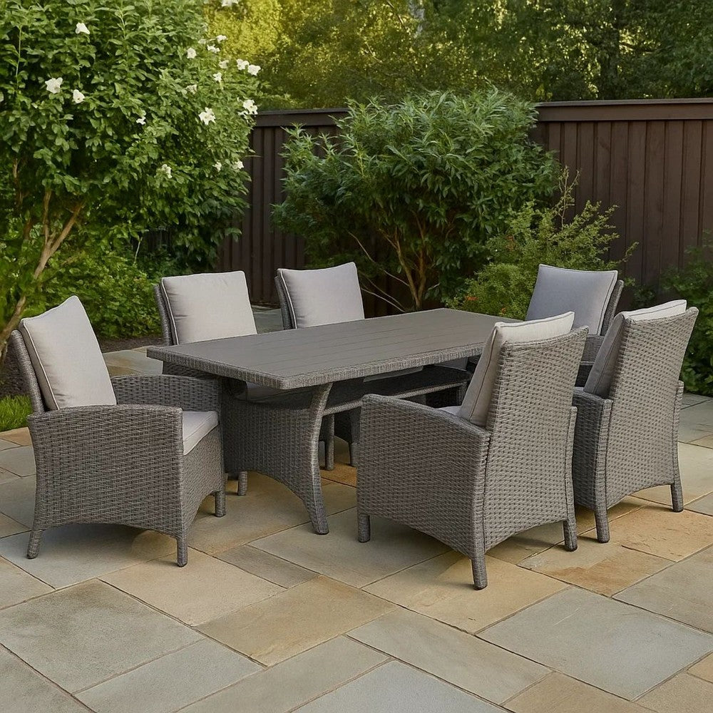 Maria Outdoor Dining Table, 57 Inch Top w/ Shelf, Gray Rattan Woven - BM341006