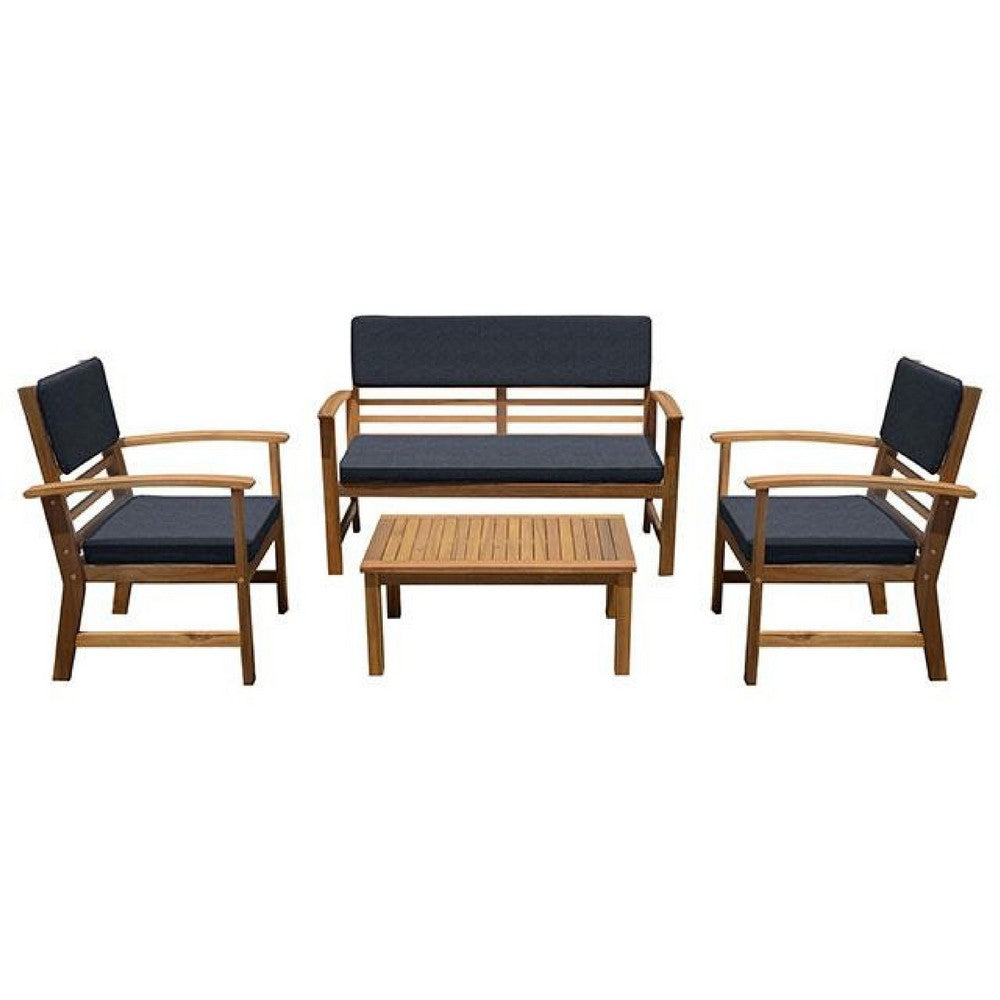 Rena 4pc Outdoor Lounge Set with Table, Sofa, 2 Chairs, Dark Gray Cushions, Natural Brown - BM341011