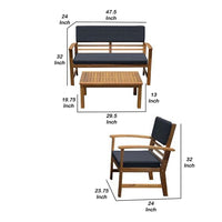 Rena 4pc Outdoor Lounge Set with Table, Sofa, 2 Chairs, Dark Gray Cushions, Natural Brown - BM341011