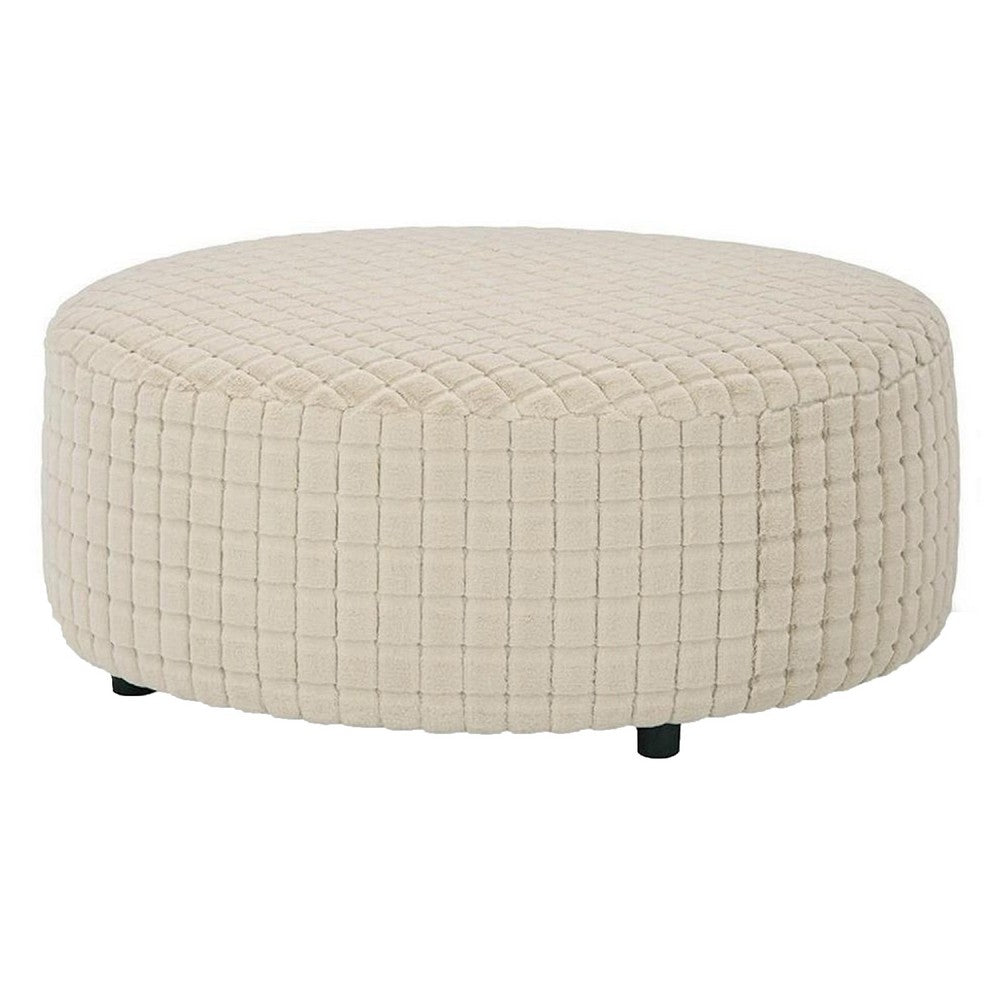 Sem Ottoman, 41 Inch Round, Patterned Tan Beige Chenille Upholstery - BM341019