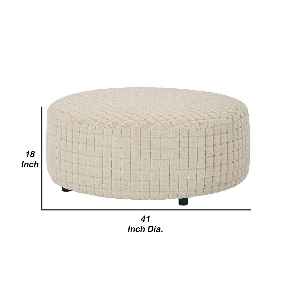 Sem Ottoman, 41 Inch Round, Patterned Tan Beige Chenille Upholstery - BM341019