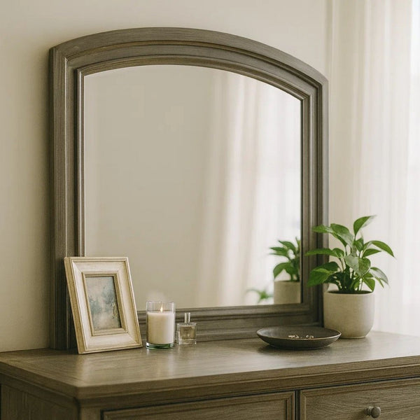 Dresser Mirror, Gray Pine Wood Frame, Farmhouse Carved Details 36x42 - BM341030