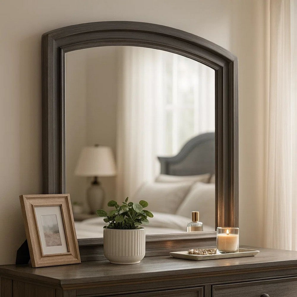 Dresser Mirror, Gray Pine Wood Frame, Farmhouse Carved Details 36x42 - BM341030