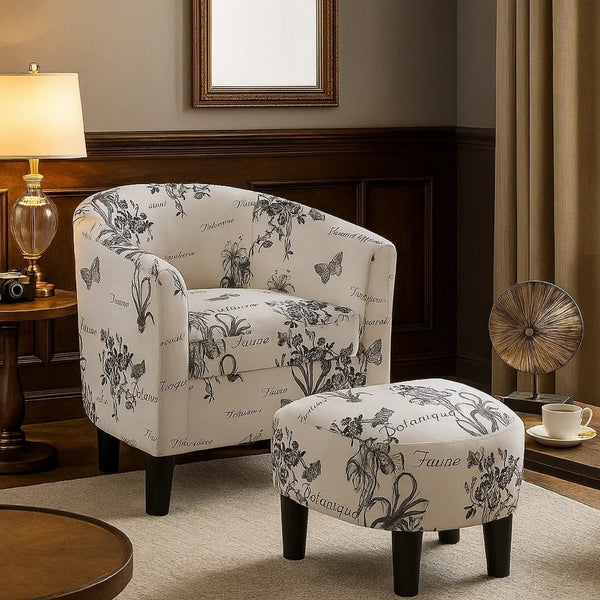 Beua 2pc Accent Chair and Ottoman Set, White and Black Script Print  - BM341031