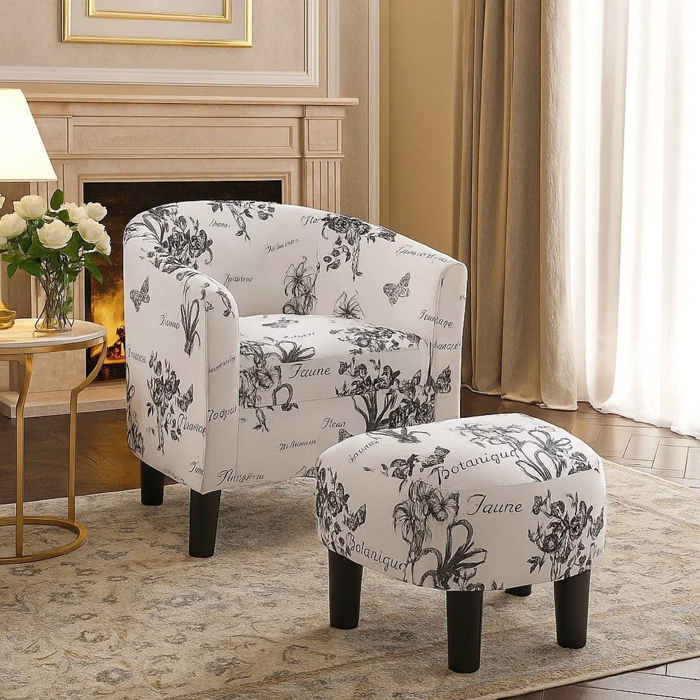 Beua 2pc Accent Chair and Ottoman Set, White and Black Script Print  - BM341031