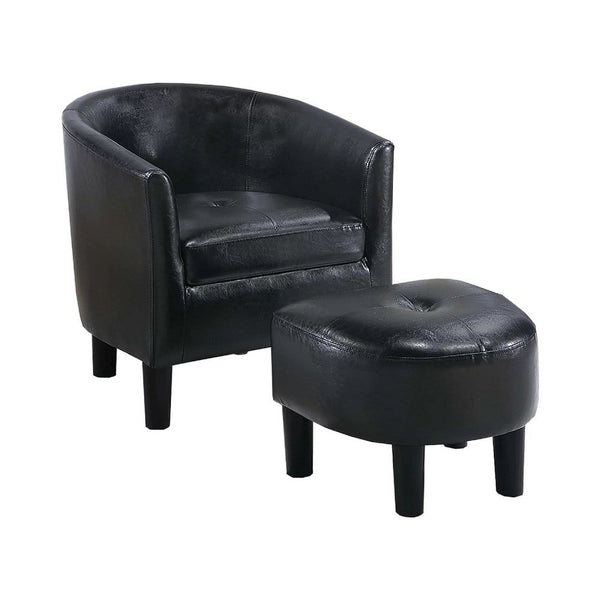 Beua 2pc Accent Chair and Ottoman Set, Black Faux Leather, Foam Cushions - BM341032