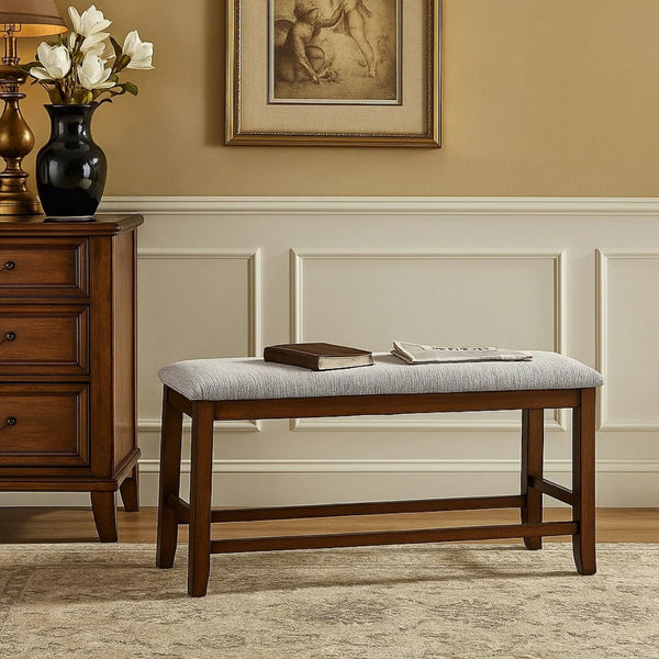 Counter Hight Dining Bench, White Fabric, Walnut Brown Wood, 46 Inch Seat - BM341033